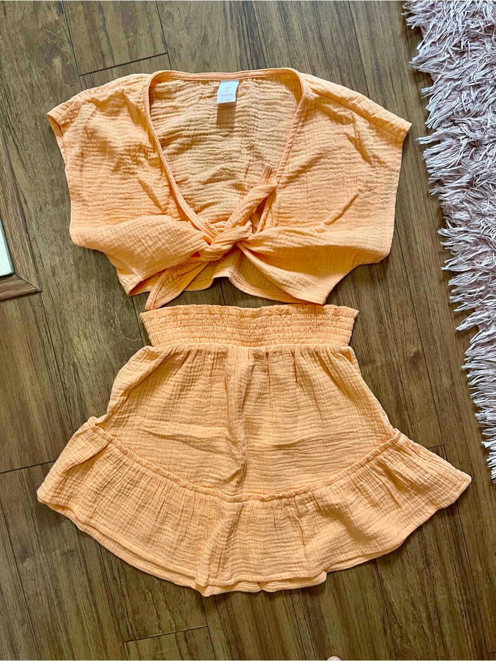 Peach Two-Piece Tie Front Top and Ruffle Shorts Set